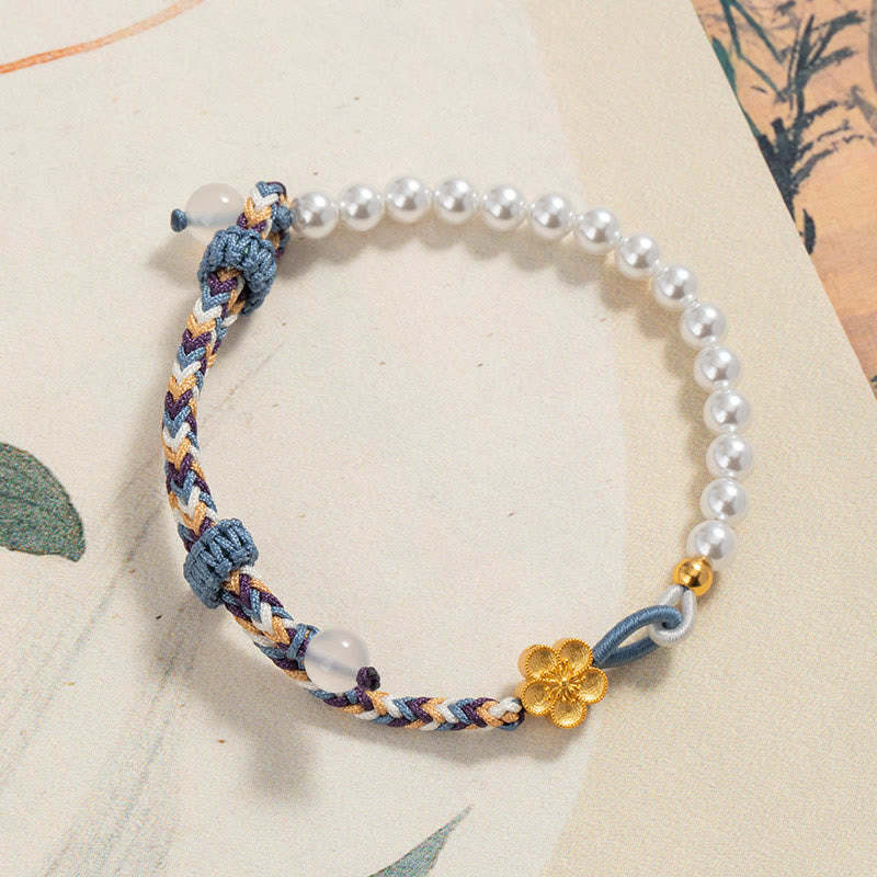 925 Sterling Silver Peach Blossom Pearl Chalcedony Healing Rope Bracelet