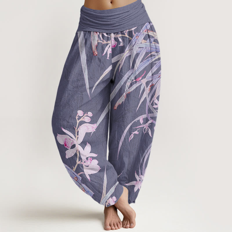 Weeds Plant Wilting Flowers Pattern Women's Elastic Waist Harem Pants