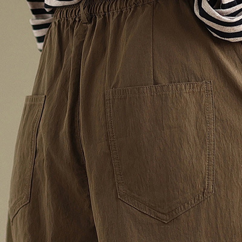 Casual Solid Color One Top Button Elastic Waistband Cotton Linen Women's Pants With Pockets