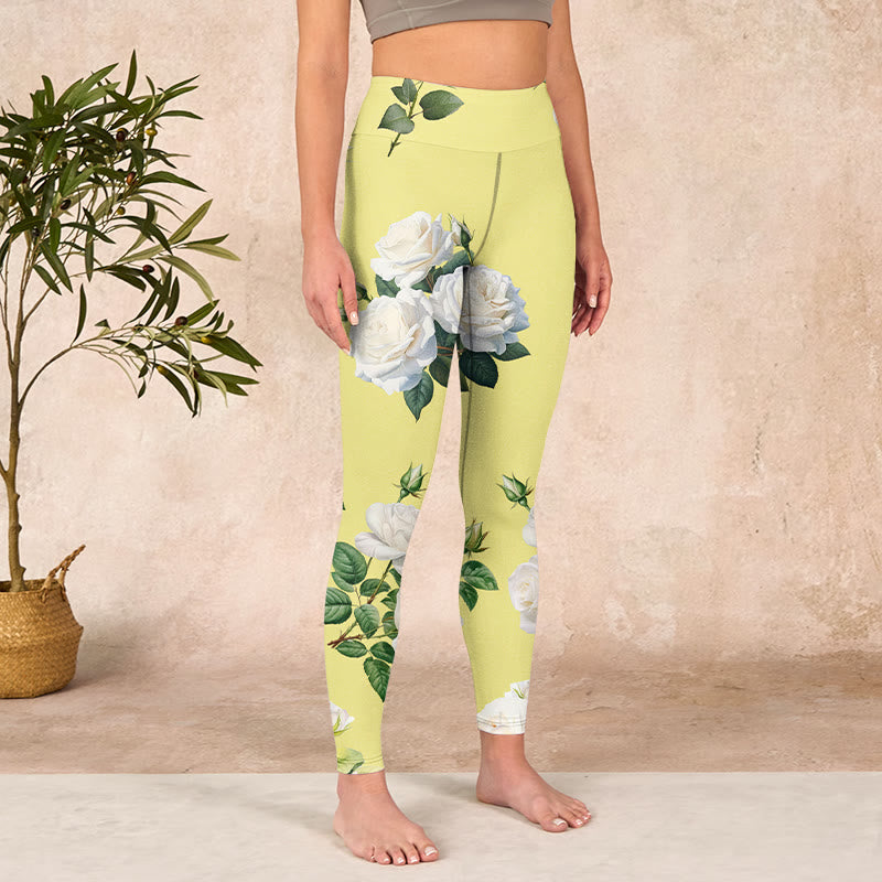 Yellow White Rose Print Sports Leggings Women's Yoga Pants