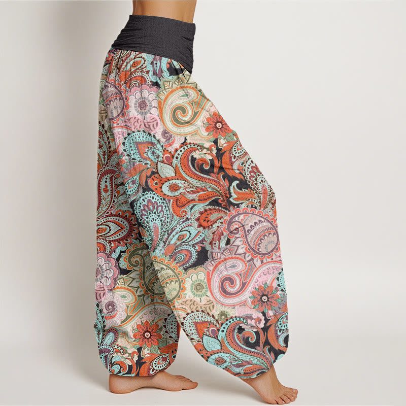 Colorful Cashew Flower Pattern Design Women's Elastic Waist Harem Pants