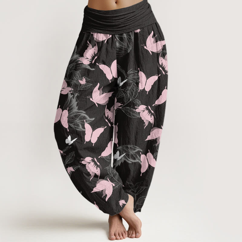 Casual Flying Butterfly Leaf Pattern Women's Elastic Waist Harem Pants