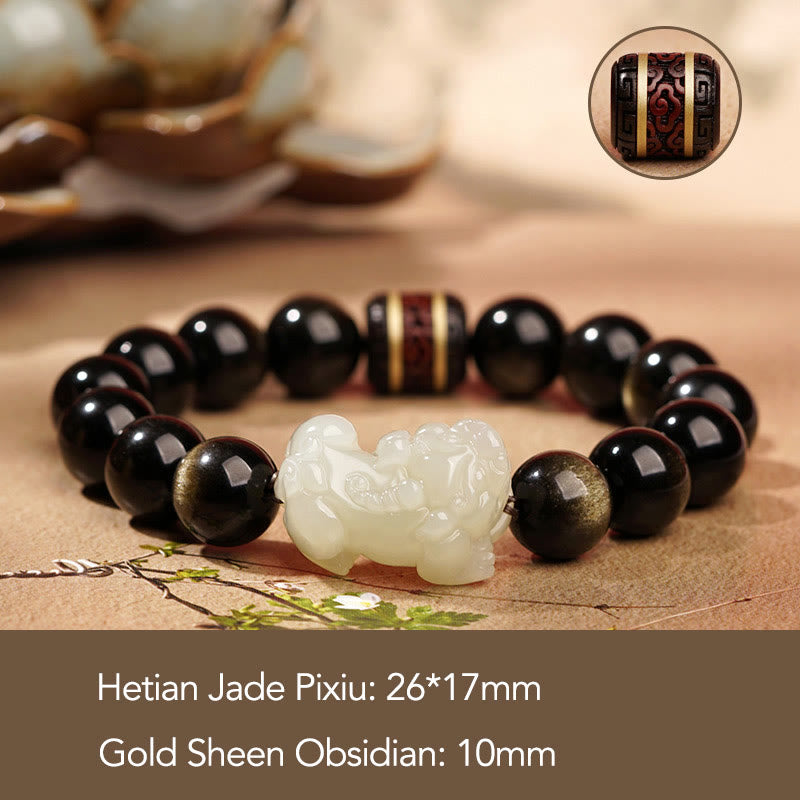 Natural Gold Sheen Obsidian Hetian Cyan Jade White Jade PiXiu Wealth Bracelet