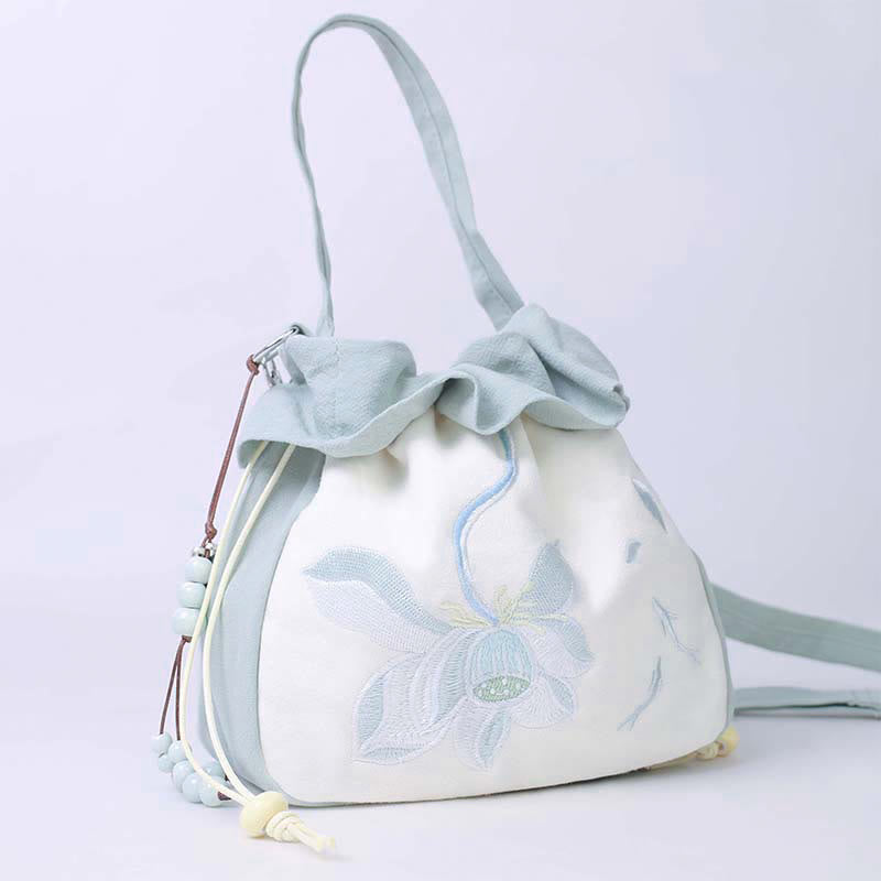 Suzhou Embroidery Lotus Epiphyllum Magnolia Cotton Linen Tote Crossbody Bag Shoulder Bag Handbag