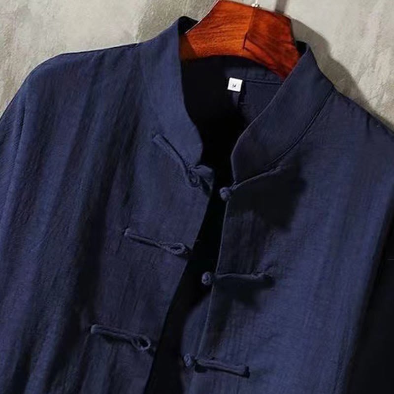 Men's Tang Long Sleeve Shirt Frog Button With Pocket Stand Collar Comfort Linen Shirt