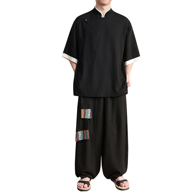 2Pcs Chinese Frog-button Men's Shirt Wide Leg Pants Meditation Cloth Set