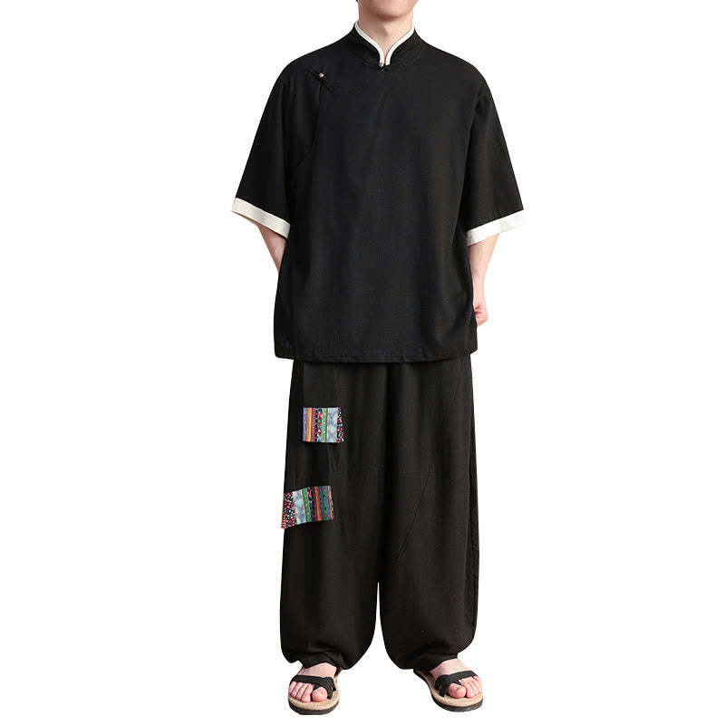 2Pcs Chinese Frog-button Men's Shirt Wide Leg Pants Meditation Cloth Set