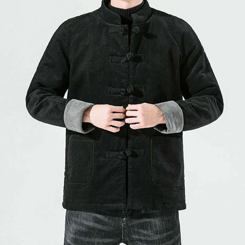 Frog-Button Chinese Tang Suit Stand Collar Long Shirt Corduroy Men Cotton Jacket Clothing