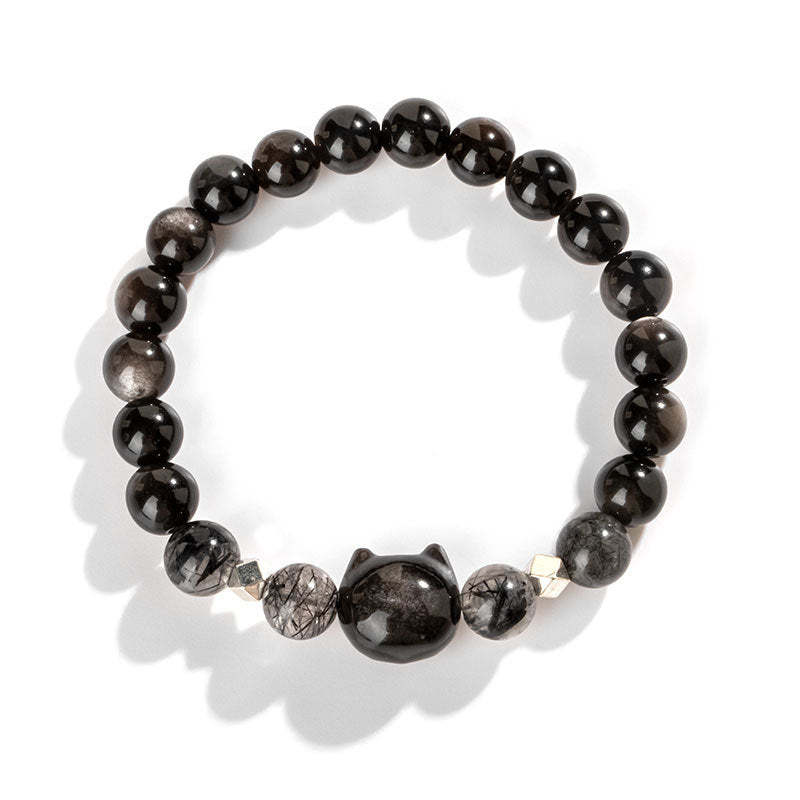 Natural Silver Sheen Obsidian Cute Cat Head Protection Bracelet