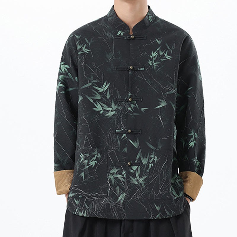 Printing Bamboo Casual Frog-button Spandex Men's Jacket Shirt Clothing