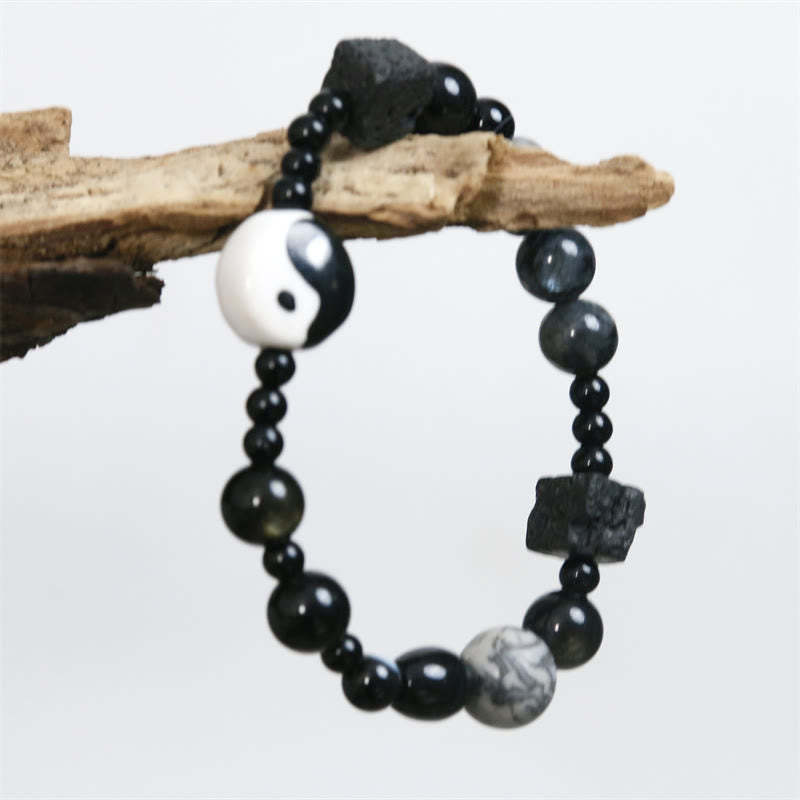 Black Onyx Picasso Jasper Bead Yin Yang Fortune Protection Bracelet
