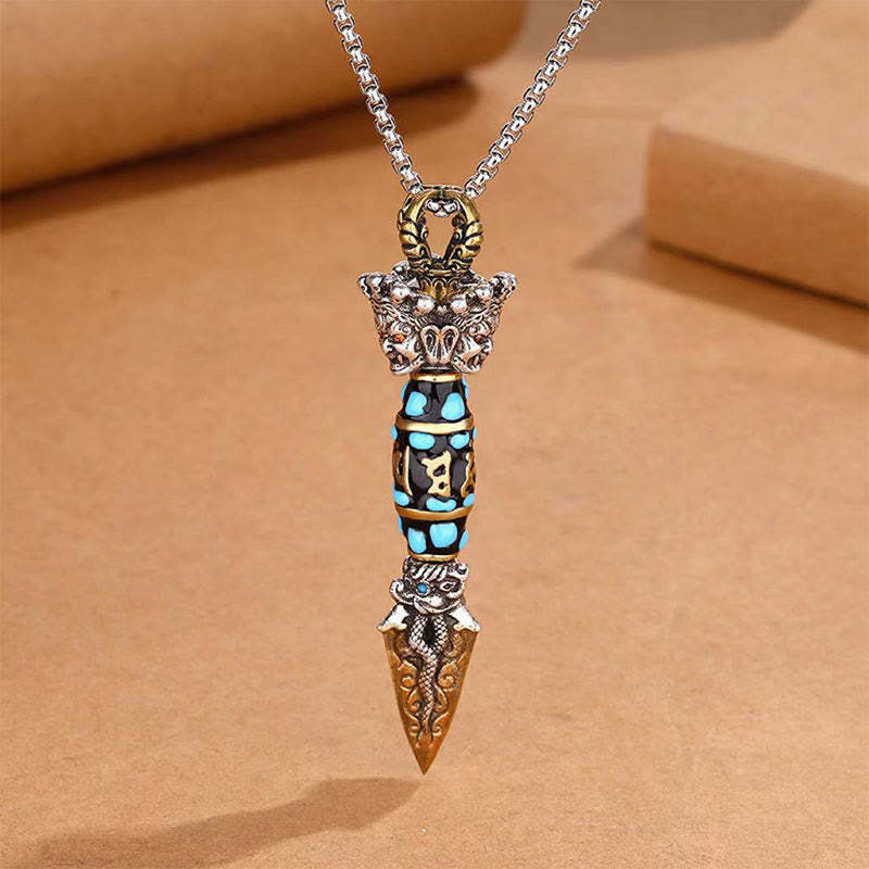 Tibet Om Mani Padme Hum Dzi Bead Dorje Vajra Pattern Wealth Rotatable Necklace Pendant