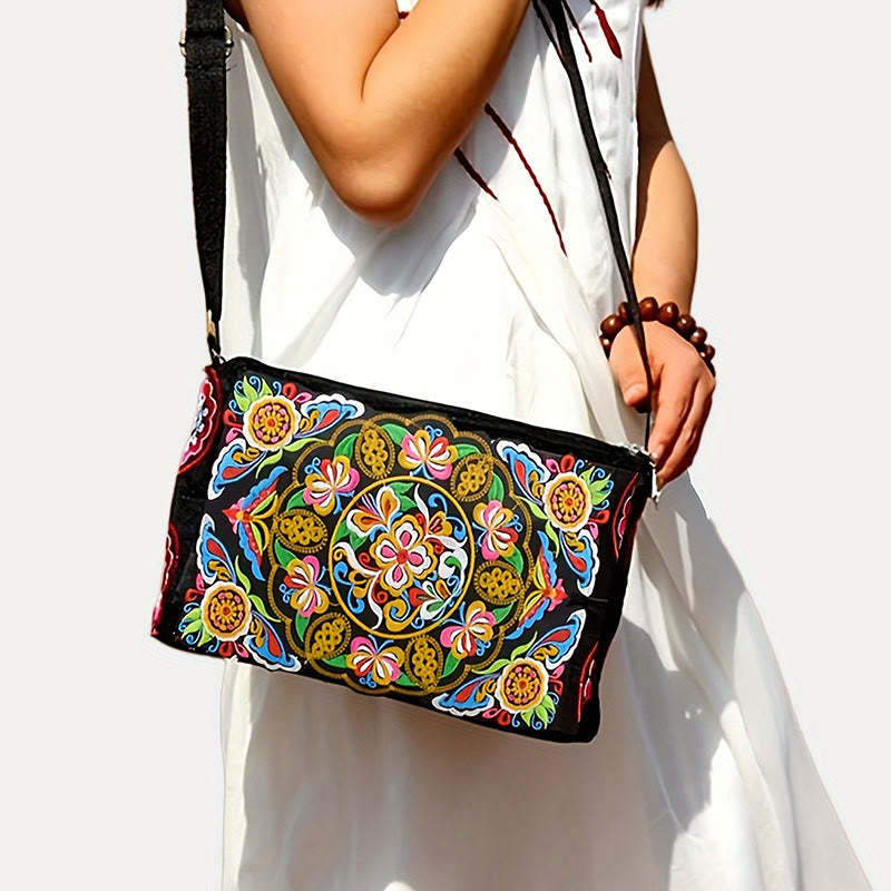 Galsang Inula Flower Peony Peacock Double-Sided Embroidery Canvas Shopping Purse Handbag Crossbody Bag