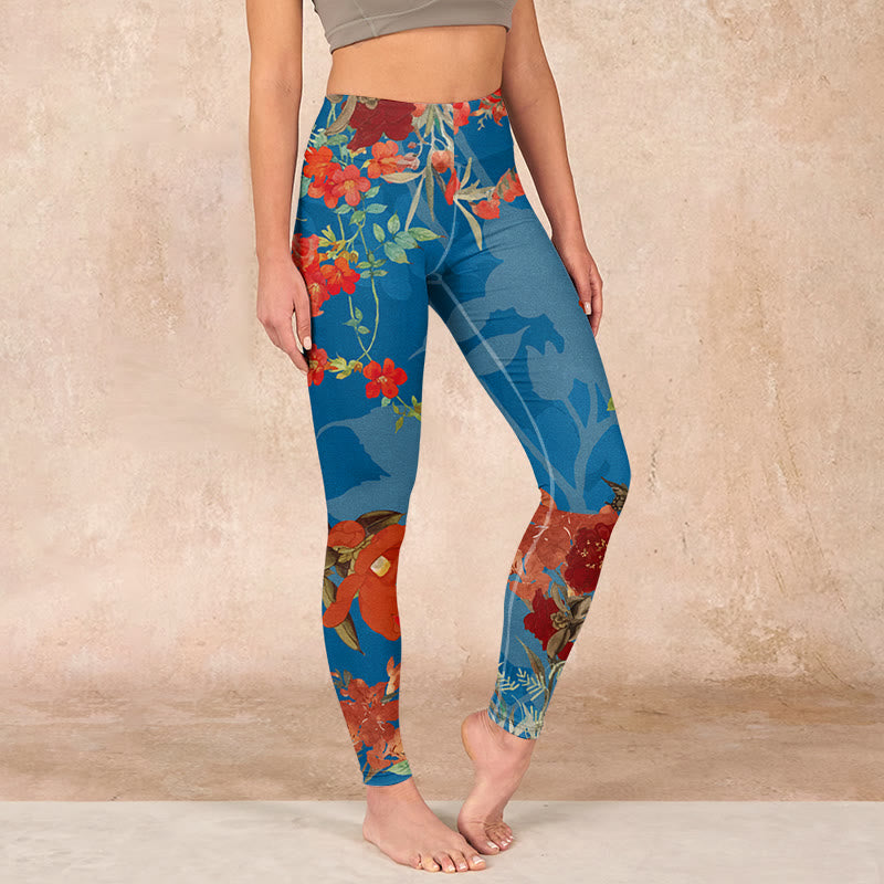Blue Red Flowers Birds Print Gym Leggings Women's Yoga Pants