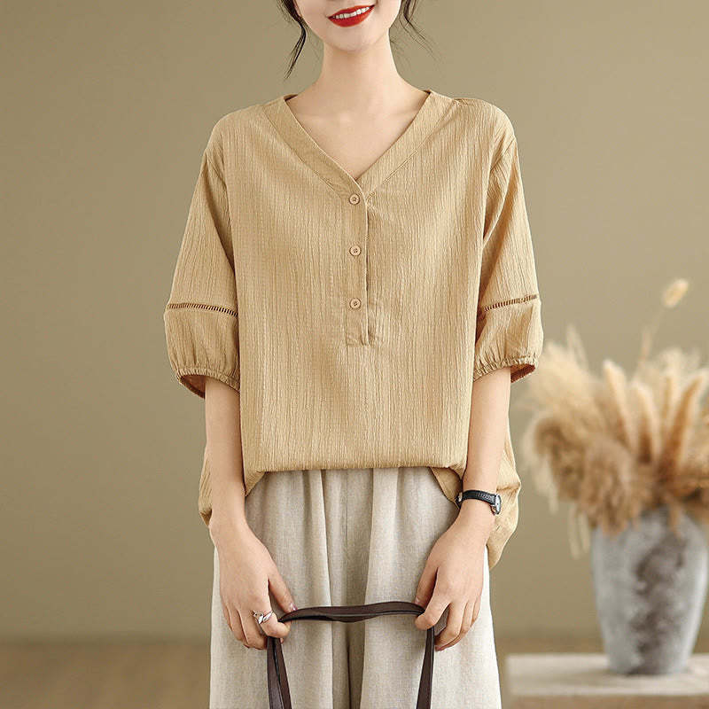 Summer Casual Pure Half Puff Sleeve Half Button V-neck Women's T-Shirt
