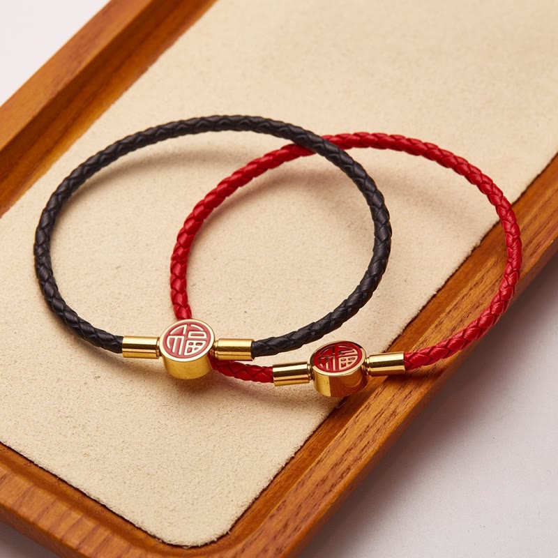 Fu Character Blessing Fortune Leather Buckle Bracelet