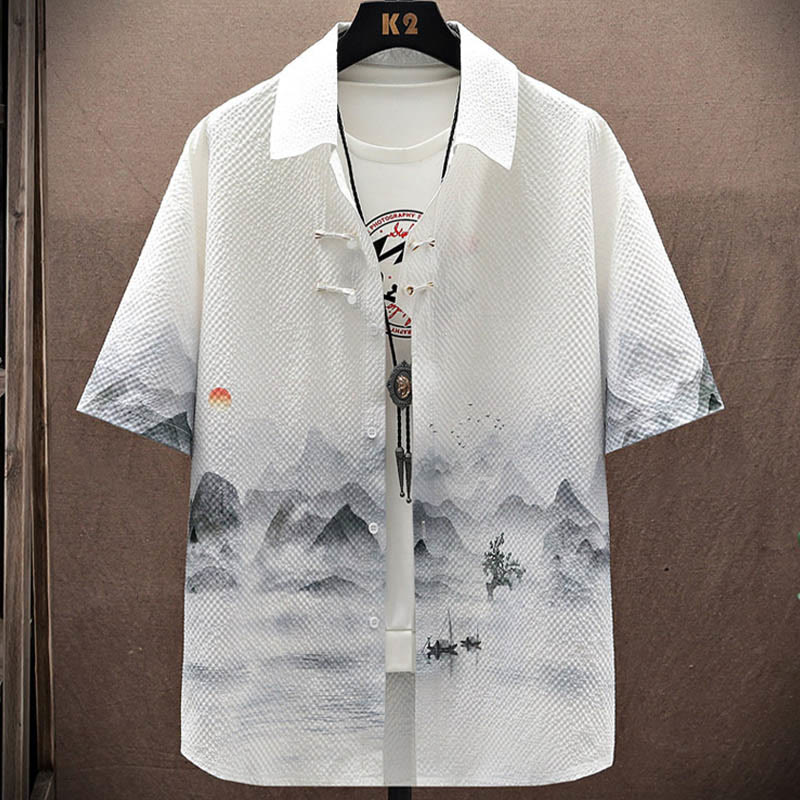 Landscape Coconut Trees Magpie Pattern Short Sleeve Shorts Men's Set