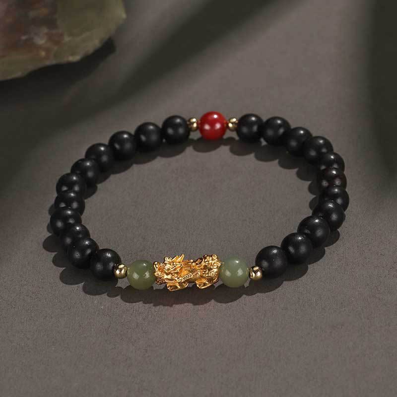 999 Sterling Silver Sandalwood Ebony Wood Small Leaf Red Sandalwood Hetian Jade Cinnabar PiXiu Wealth Bracelet