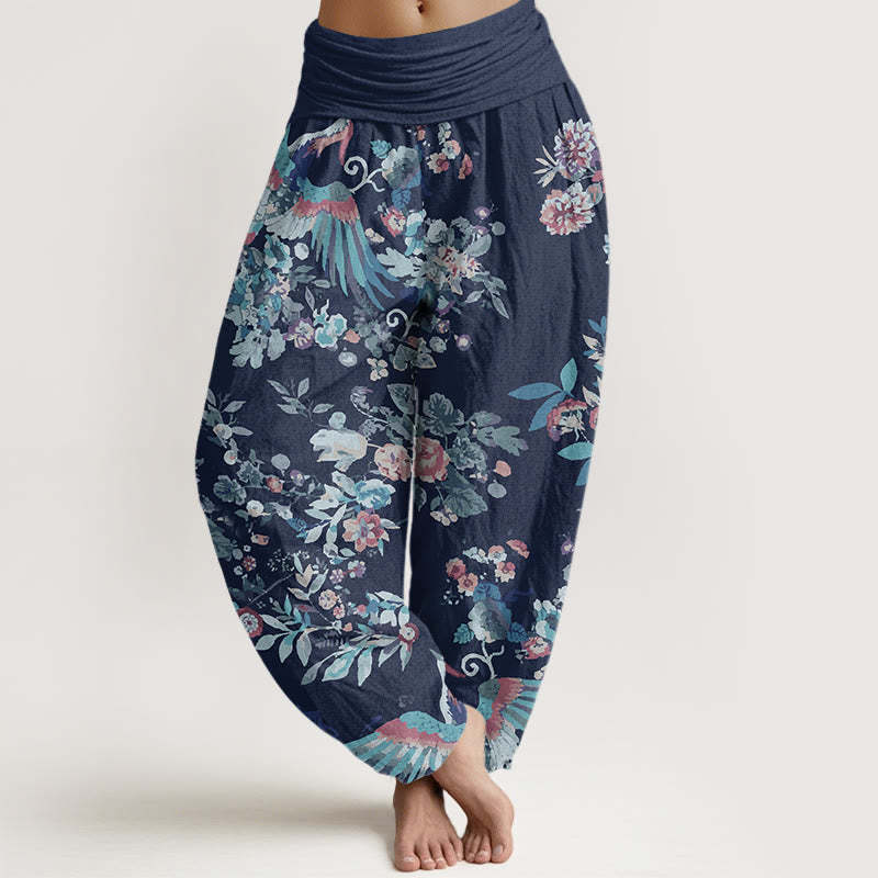 Colorful Flowers Birds Leaves Pattern Women's Elastic Waist Harem Pants