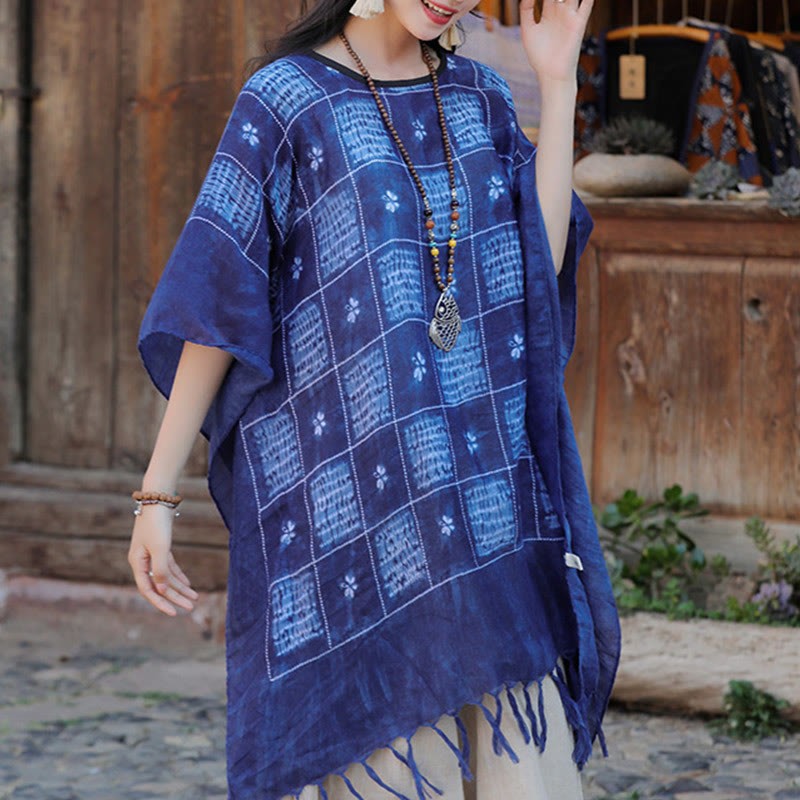 Blue Color Block Plaid Shawl Tassels Soft Pullover 90*95cm