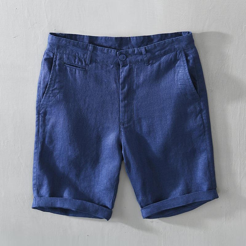 Solid Color Drawstring Cropped Linen Men's Shorts With Pockets