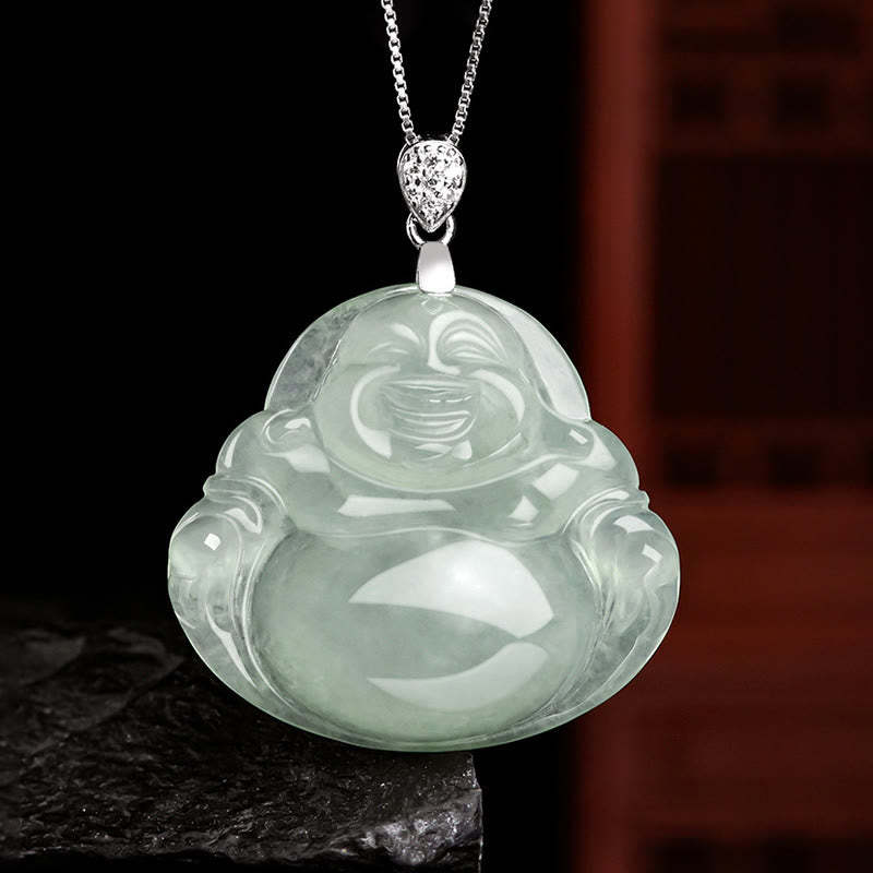925 Sterling Silver Natural Jade Laughing mystic zen Prosperity Abundance Chain Necklace Pendant
