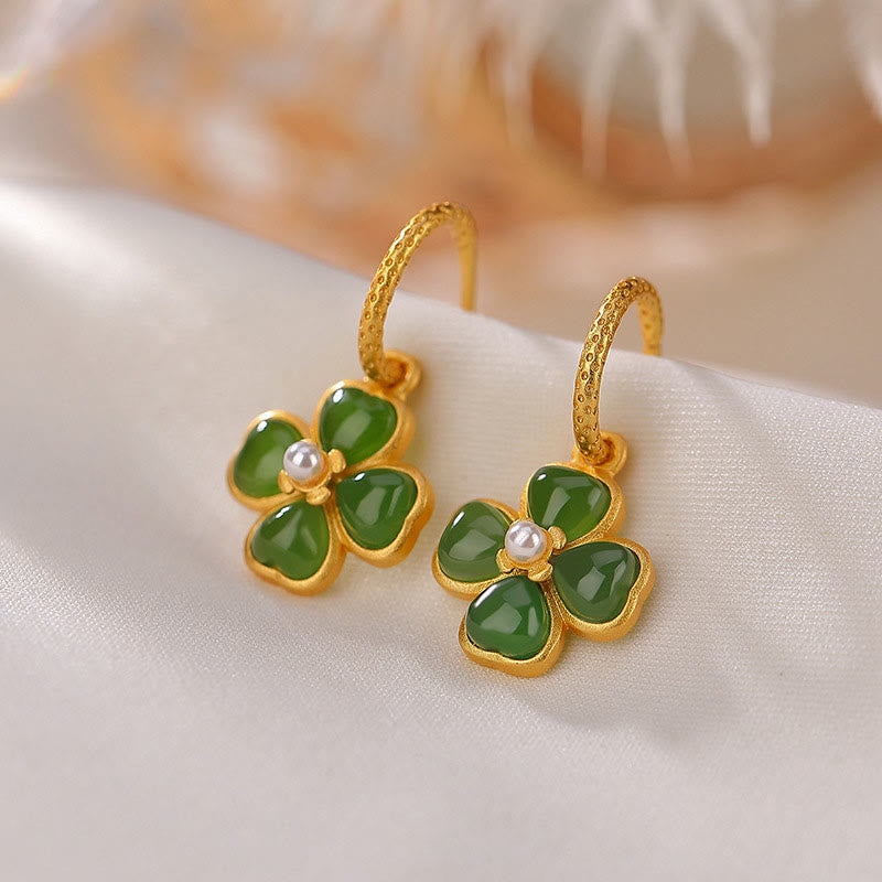 925 Sterling Silver Natural Cyan Jade Four Leaf Clover Luck Success Earrings