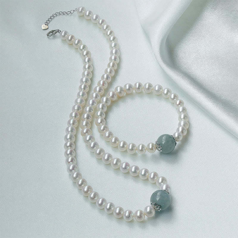 925 Sterling Silver Natural Pearl Hetian Jade Aquamarine Wisdom Sincerity Necklace Pendant Bracelet