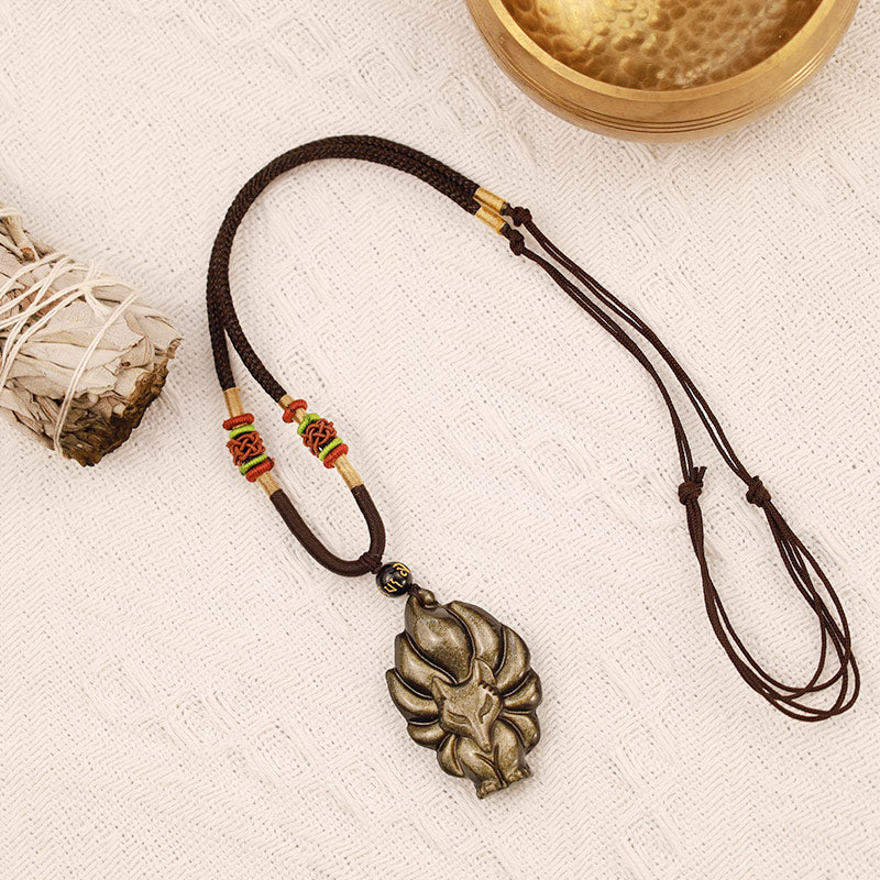 Natural Rainbow Obsidian Gold Sheen Obsidian Nine Tailed Fox Positive Necklace Pendant
