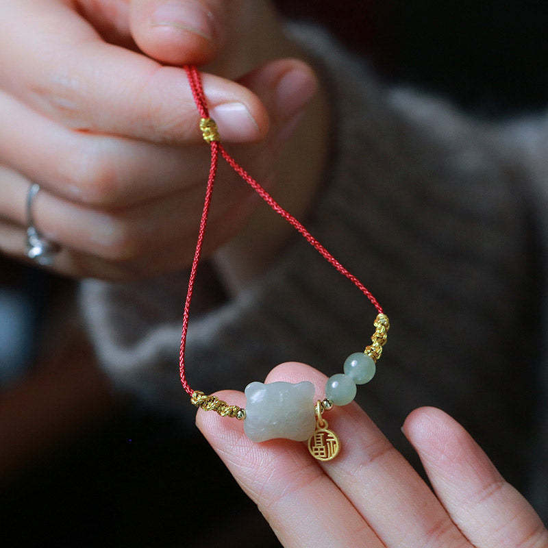 Chinese Zodiac Tiger Jade Prosperity Red String Bracelet