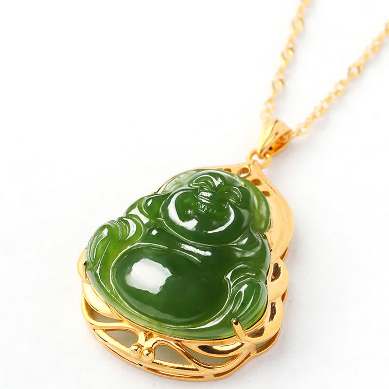 925 Sterling Silver Natural Hetian Cyan Jade Laughing mystic zen 18K Gold Healing Necklace Chain Pendant