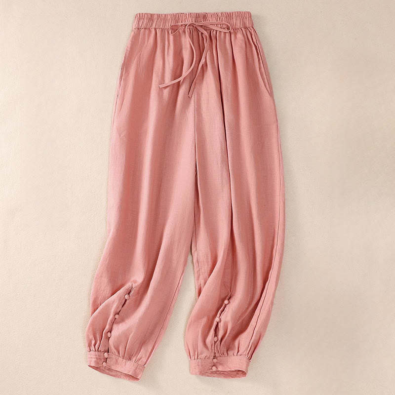 Pure Color Drawstring Frog-Button Cotton Linen Women's Harem Pants With Pockets