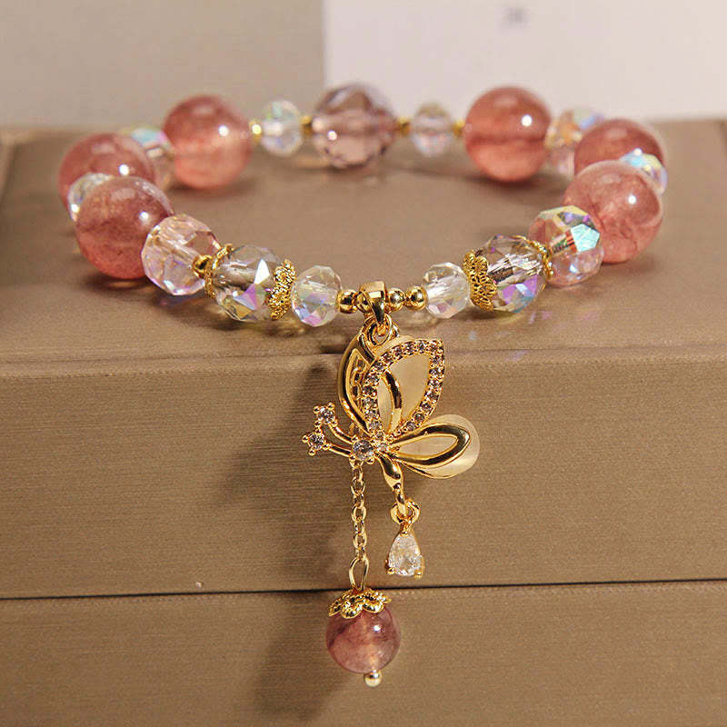 Natural Strawberry Quartz Healing Positive Butterfly Charm Bracelet