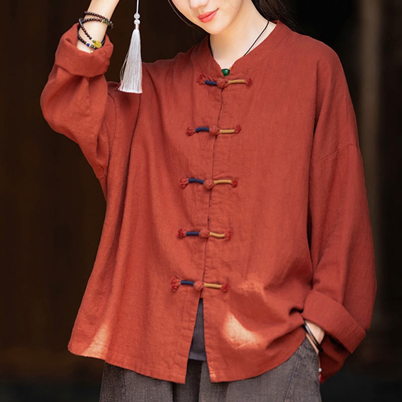 Solid Color Two-color Frog-button Long Sleeve Ramie Linen Women's Shirt
