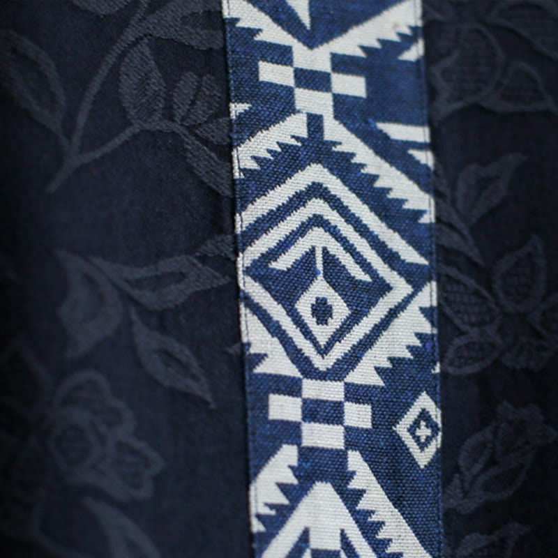 Blue Flowers Embroidery Jacquard Midi Dress Three Quarter Sleeve Cotton Dress With Pockets