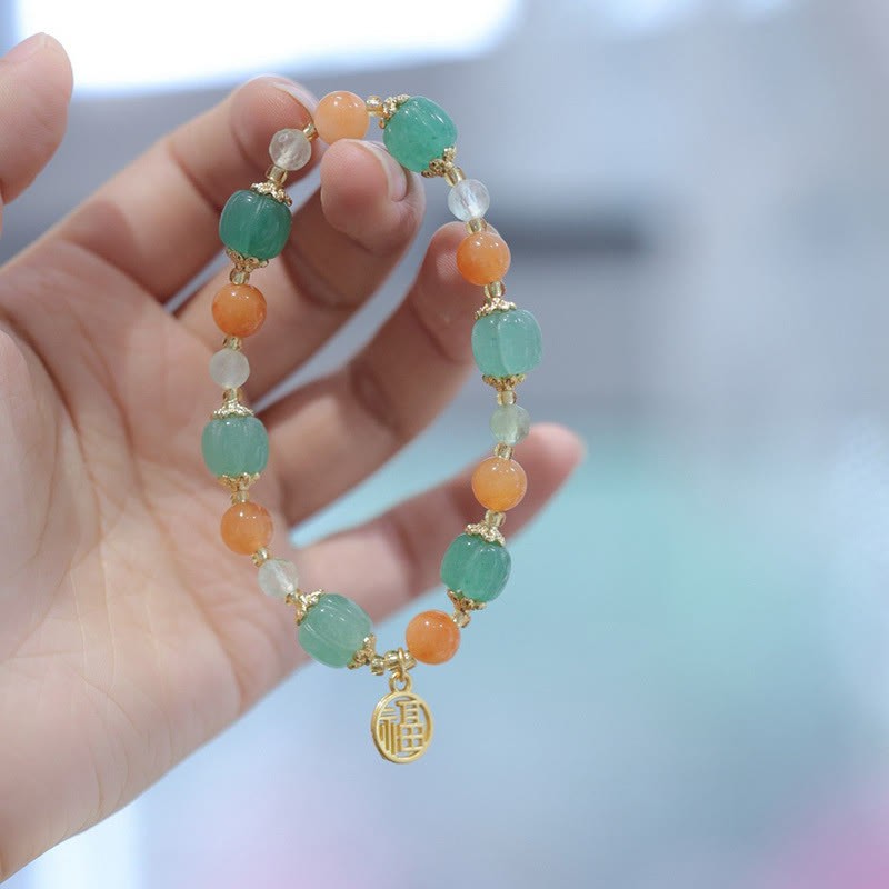 Natural Golden Silk Jade Pumpkin Bead Fu Character Charm Wealth Bracelet