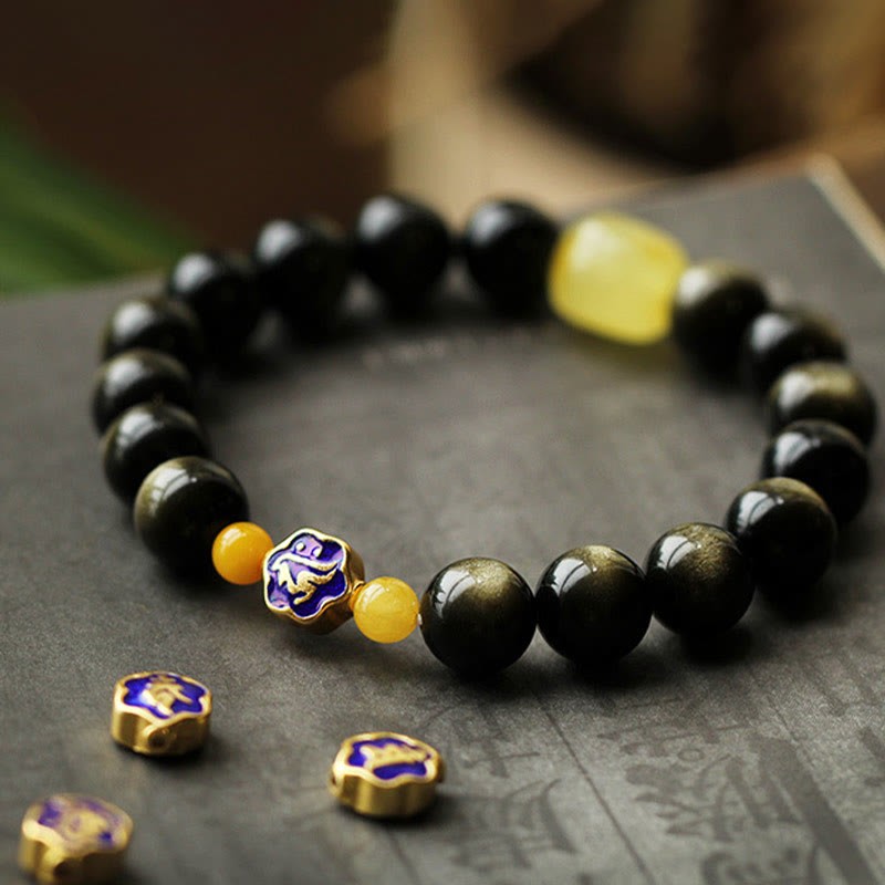 925 Sterling Silver Chinese Zodiac Natal mystic zen Natural Gold Sheen Obsidian Amber Wealth Protection Bracelet