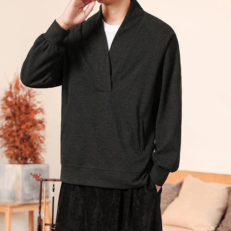 Fall Simple V-Neck Men's Sweatshirt Cotton Pullover With Pockets