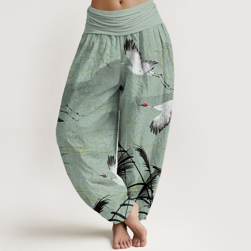 Flying Crane Auspicious Clouds Wild Grasses Mountain Pattern Women's Elastic Waist Harem Pants