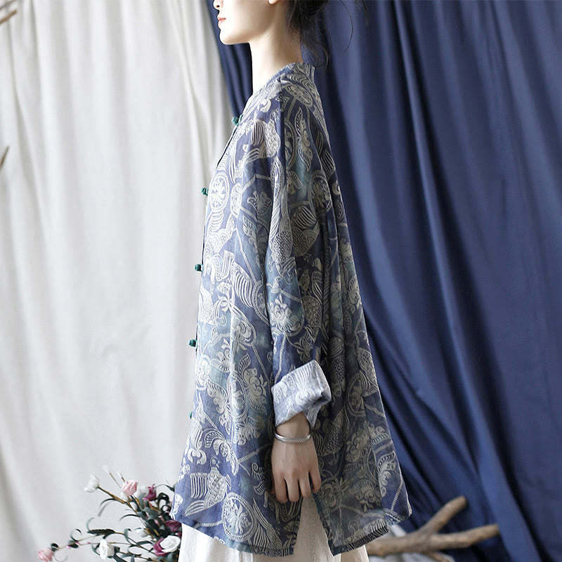 Birds Flowers Geometry Frog-Button Long Sleeve Ramie Linen Jacket Shirt