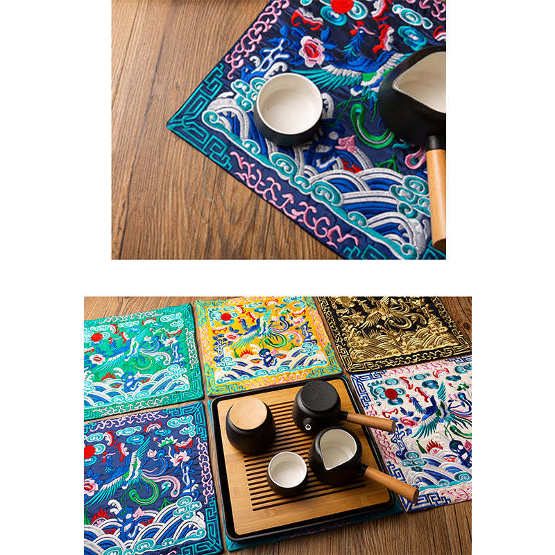Phoenix Dragon Kirin Embroidery Cup Mat Pad Tea Cup Coaster Kung Fu Tea Mat