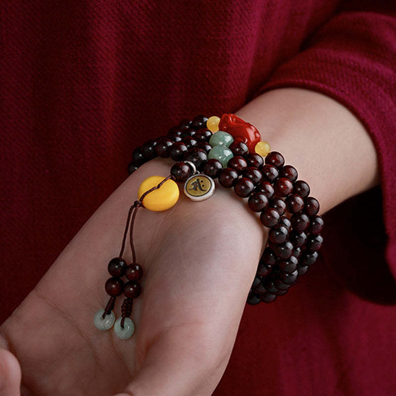 Chinese Zodiac Natal mystic zen 108 Mala Beads Small Leaf Red Sandalwood Red Agate PiXiu Protection Bracelet