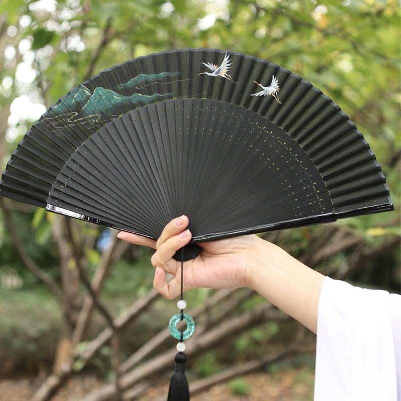 Retro Mountain River Crane Silk Handheld Bamboo Folding Fan