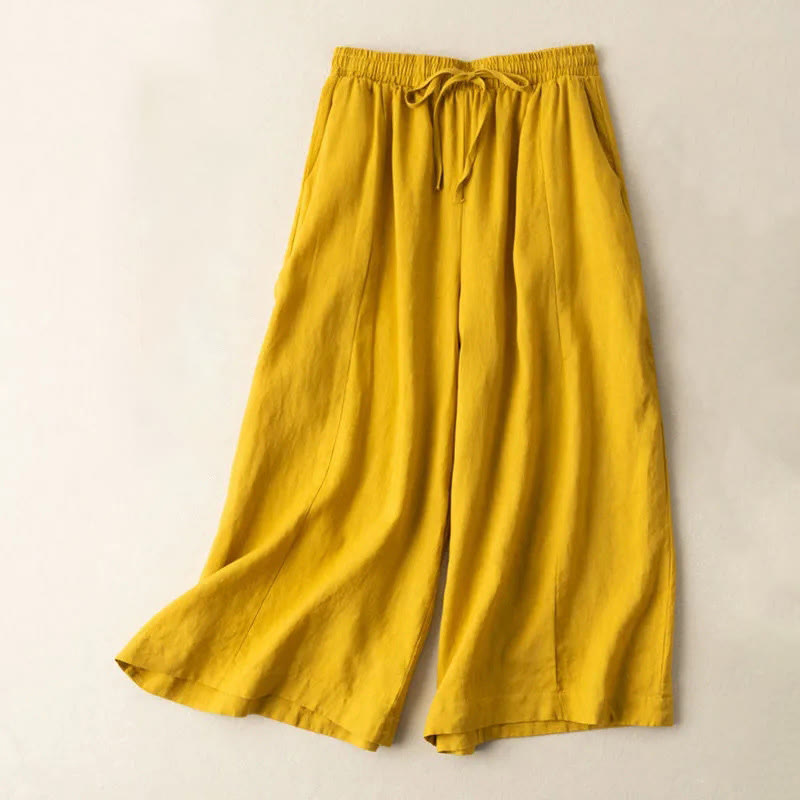 Plain Color Cropped Pants Cotton Linen Women's Wide Leg Pants With Pockets