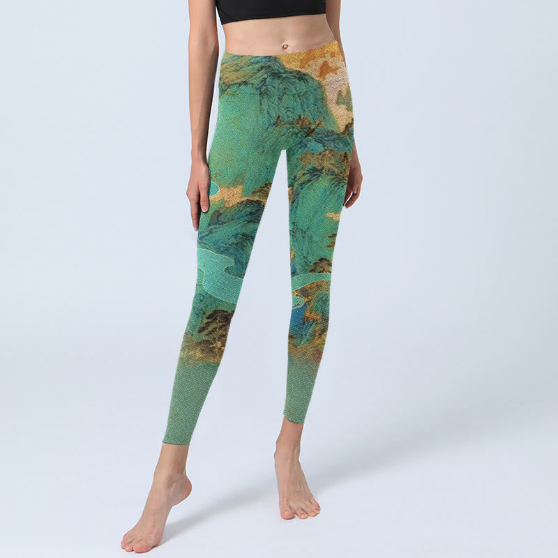 Chinese Style Green Mountains Landscape Print Lycra Fabric Fitness Leggings Women's Yoga Pants