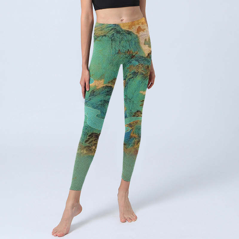 Chinese Style Green Mountains Landscape Print Lycra Fabric Fitness Leggings Women's Yoga Pants