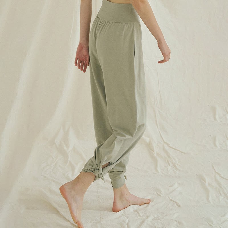 Casual Loose Tie-down Hem Plain High Waist Women's Leica Pants With Pockets