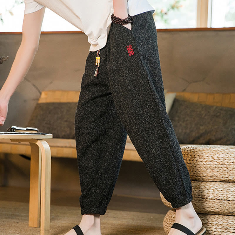 Plain Drawstring Cotton Men's Harem Pants With Pockets