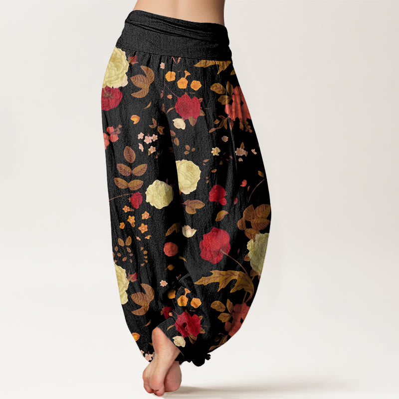 Rose Flowers Leaves Totem Pattern Women's Elastic Waist Harem Pants