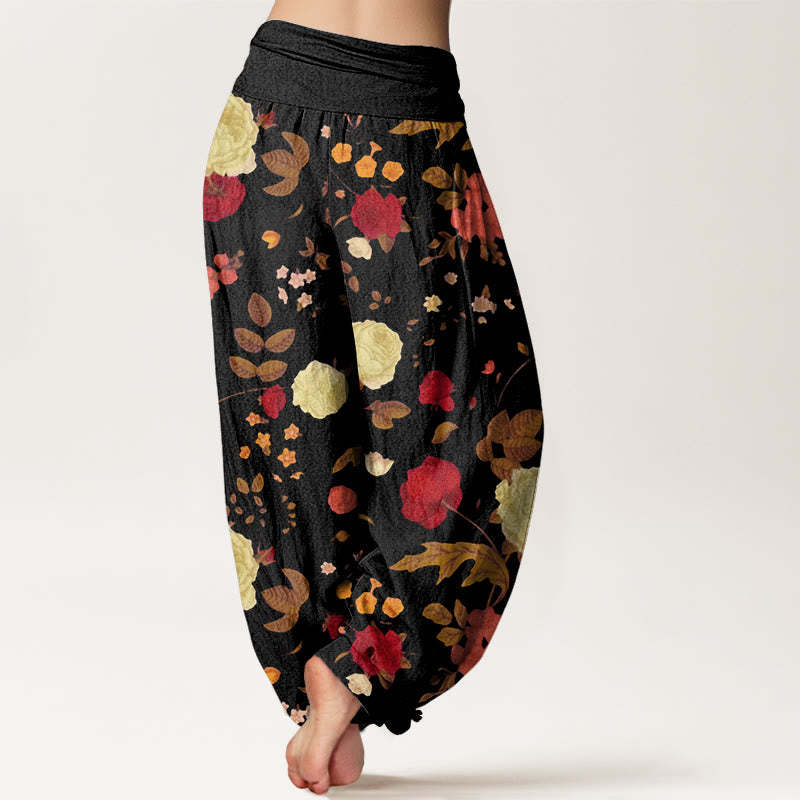 Rose Flowers Leaves Totem Pattern Women's Elastic Waist Harem Pants